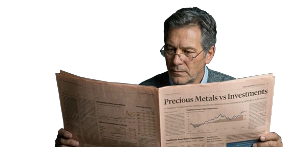 Man reading a Newspaper about Precious Metals vs Investments